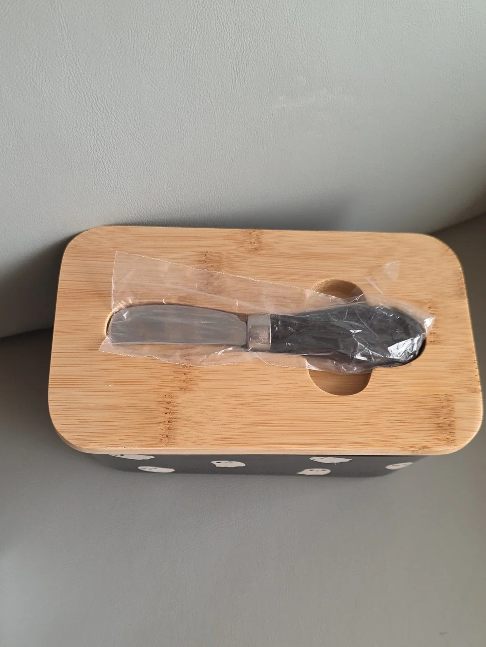 Cute Ghost Black Ceramic Storage with Bamboo Lid And Spreader Knife NWT